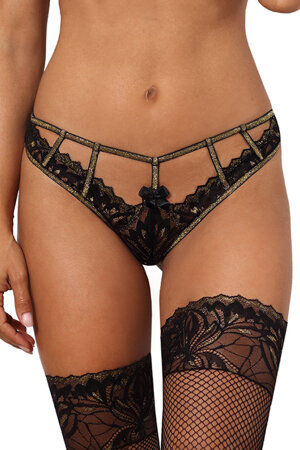 Axami Dame String  glänzend Schleifchen Setteil Sexy Reizwäsche  V-10108 , Schwarz