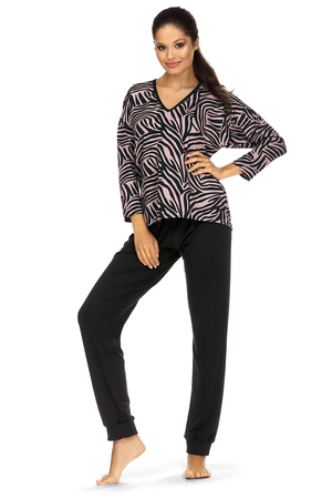 Lorin Damen Schlafanzug Nachtwäsche Pyjama Set Langarm zweiteilig P-1572, Schwarz