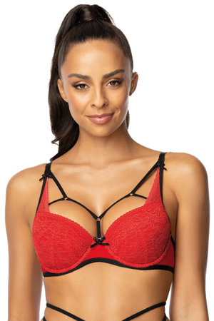 Mat Dame Push-Up-BH Gepolsterte Schalen Streifchen Spitze Sexy Sinnlich 3636/11 Loren, Rot