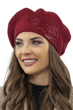 Vivisence Baskenmütze für Damen Winter Herbst Warme Barette mit Glänzender Zirkonia-Applikation Frauen Elegante Klassischem Stil Perfekte für Herbst und Wintertage Modell 7051, Weinrot