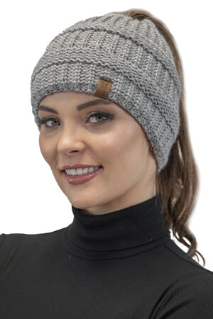 Vivisence Damen Winter Mütze mit Pferdeschwanzöffnung Flexiblem Gummiband Herbst Warme Beanie Perfekt für Kalte Wintertage Modell 7075, Hellgrau