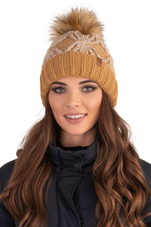 Vivisence Trendige Damen Mütze Mit Bommel Aus Wärmendem Garn Und Weichem Vlies-Innenfutter Antistatische Perfekte Passform Für Kalte Wintertage, Beige