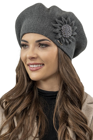 Vivisence Winter Baskenmütze für Damen Herbst Warme Barette mit Zarter Blumenapplikation Frauen Elegante Klassischem Stil Perfekte für Herbst und Wintertage Modell 7048, Dunkelgrau