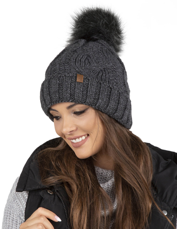 Vivisence Wintermütze mit Bommel Damen Perfekte Passform Warmes Strickmütze Herbst Frauen Mütze für Winter Aufgerolltem Design für Extra Wärme Ideal für Kalte Wintertage Modell 7014, Dunkelgrau