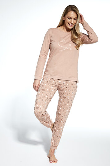 Cornette Damen Schlafanzug 2-teilig Pyjama Set Gemustert Klassisch Aufdruck DR Smile 160/349 , Beige