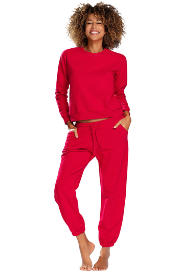 Dkaren Dame Homewear Set Bequem Musterlos Rundhlasausschnitt Komfortabel Wenezja, Rot