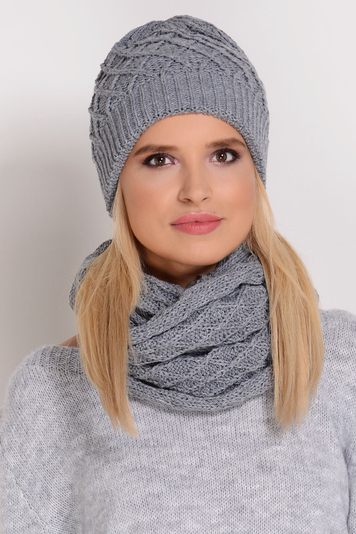 Fil'loo CD-055-1 Beanie Dame Kopfbedeckung Loop Schal Set dick musterlos EU, Aschgrau