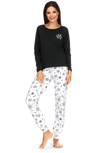 Lorin Dame Pyjama Set Schlafanzug Gemustert Klassisch Baumwolle P-1587, Schwarz