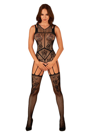 Obsessive Dame Sexy Bodystocking Reizwäsche Netz Geblümt Durchsichtig Offener Schritt F239, Schwarz