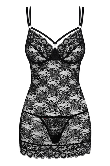 Obsessive Damen Nachthemd String Set Nachtwäsche Spitze 860-CHE-1, Schwarz