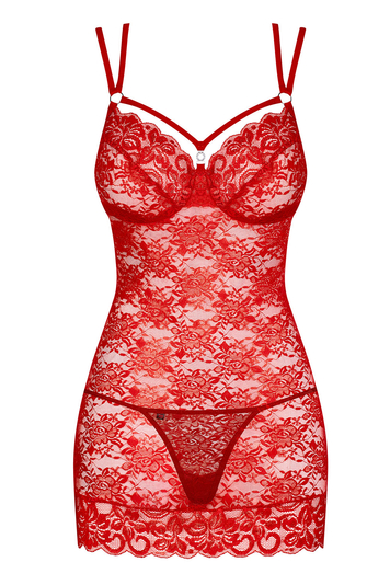 Obsessive Damen Nachthemd String Set Nachtwäsche Spitze Softschale 860-CHE-3, Rot