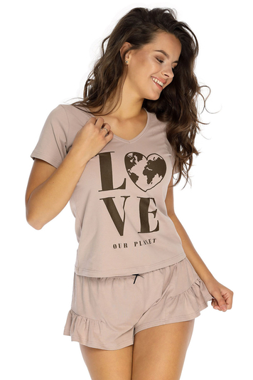 Piu Bella Damen Pyjama Schlafanzug Kurzarm Nachtwäsche  2teilig Set Bequem PKK-18, Beige