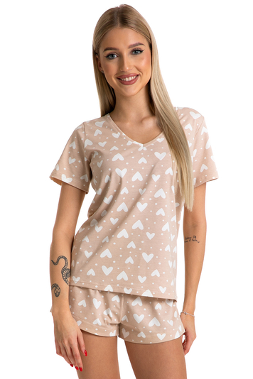 Piu Bella Damen Pyjama Schlafanzug Kurzarm Nachtwäsche  2teilig Set Bequem PKK-44, Beige