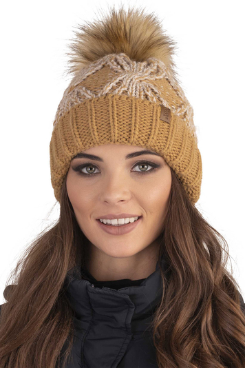 Visience Winter Mütze mit Bommel für Damen aus Wärmendem Garn Bommelmütze aus Weichem Vlies-Innenfutter Antistatische Perfekte Passform für Kalte Wintertage Modell 7029, Beige