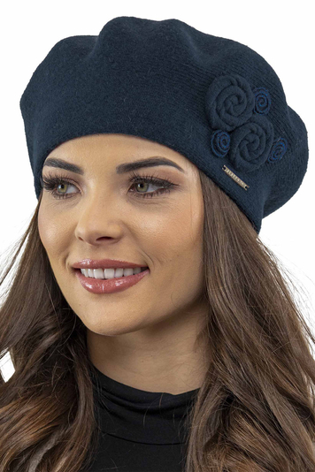 Vivisence Baskenmütze Damen Winter Elegante mit Klassischem Herbst Frauen Mütze Schnitt Warmer Wollmischung Floraler Applikation Perfekter Passform Ideal für Kalte Tage Modell 7037, Dunkelblau