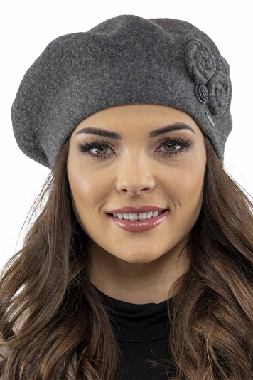 Vivisence Baskenmütze Damen Winter Elegante mit Klassischem Herbst Frauen Mütze Schnitt Warmer Wollmischung Floraler Applikation Perfekter Passform Ideal für Kalte Tage Modell 7037, Dunkelgrau