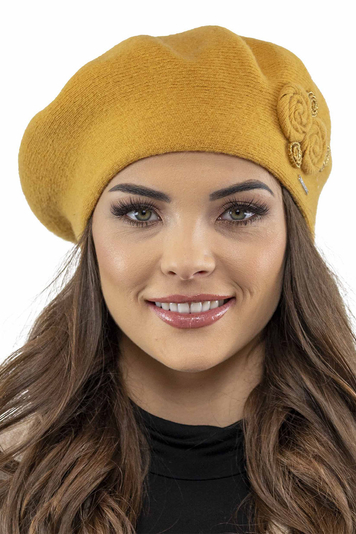 Vivisence Baskenmütze Damen Winter Elegante mit Klassischem Herbst Frauen Mütze Schnitt Warmer Wollmischung Floraler Applikation Perfekter Passform Ideal für Kalte Tage Modell 7037, Honig