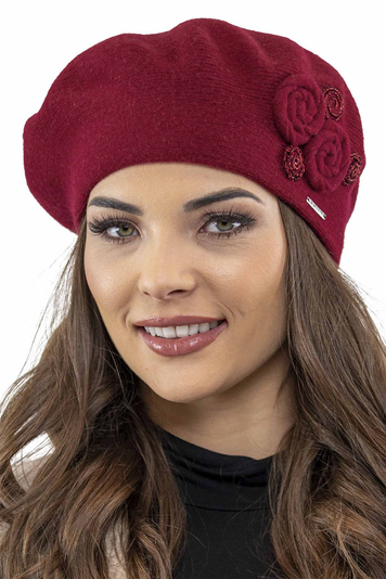 Vivisence Baskenmütze Damen Winter Elegante mit Klassischem Herbst Frauen Mütze Schnitt Warmer Wollmischung Floraler Applikation Perfekter Passform Ideal für Kalte Tage Modell 7037, Weinrot