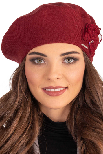 Vivisence Baskenmütze Winter Damen mit Klassischem Schnitt Elegante Mütze mit Wärmendem Garn mit Wollzusatz Wintermütze für Frauen Blumenapplikation Perfekte Anpassung Modell 7036, Dunkelrot