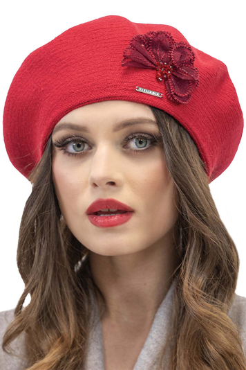 Vivisence Baskenmütze Winter Damen mit Klassischem Schnitt Elegante Mütze mit Wärmendem Garn mit Wollzusatz Wintermütze für Frauen Blumenapplikation Perfekte Anpassung Modell 7036, Rot