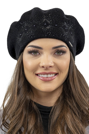 Vivisence Baskenmütze für Damen Winter Herbst Warme Barette aus Wolle mit Zirkonia-Applikation Frauen Elegante Klassischem Stil Perfekte für Herbst und Wintertage Modell 7050, Schwarz