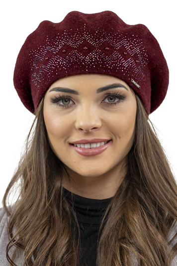 Vivisence Baskenmütze für Damen Winter Herbst Warme Barette aus Wolle mit Zirkonia-Applikation Frauen Elegante Klassischem Stil Perfekte für Herbst und Wintertage Modell 7050, Weinrot