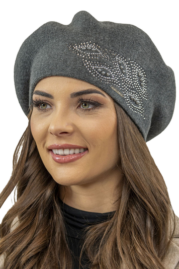 Vivisence Baskenmütze für Damen Winter Herbst Warme Barette mit Glänzender Zirkonia-Applikation Frauen Elegante Klassischem Stil Perfekte für Herbst und Wintertage Modell 7051, Dunkelgrau