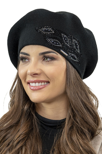 Vivisence Baskenmütze für Damen Winter Herbst Warme Barette mit Glänzender Zirkonia-Applikation Frauen Elegante Klassischem Stil Perfekte für Herbst und Wintertage Modell 7051, Schwarz