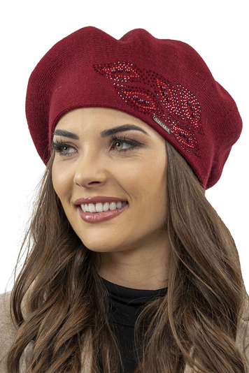 Vivisence Baskenmütze für Damen Winter Herbst Warme Barette mit Glänzender Zirkonia-Applikation Frauen Elegante Klassischem Stil Perfekte für Herbst und Wintertage Modell 7051, Weinrot