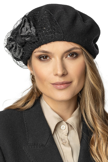 Vivisence Damen Baskenmütze Winter aus Wolle Elegante Warm Und Gemütlich Frauen Herbst Mütze mit Handgestickter Satinschleife Perfekte Passform Ideal Für Kalte Wintertage Modell 7081, Schwarz