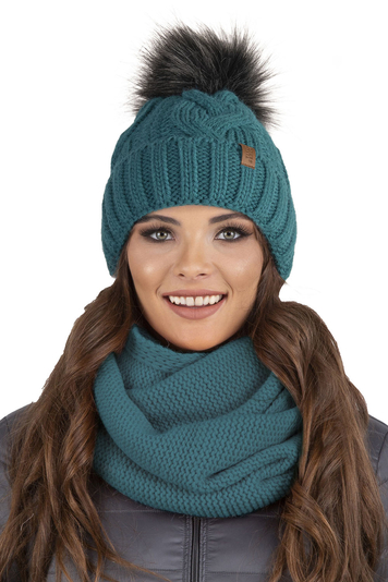 Vivisence Damen Bommelmütze und Schal Set Warm Kopfbedeckung und Halsbedeckung Für Herbst und Winter Warm Dick, Wintermütze mit Bommel, Winterset für Frauen, Hergestellt in Der EU, Dunkeltürkis