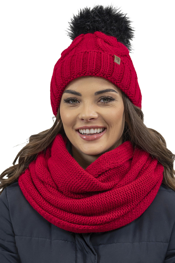 Vivisence Damen Bommelmütze und Schal Set Warm Kopfbedeckung und Halsbedeckung Für Herbst und Winter Warm Dick, Wintermütze mit Bommel, Winterset für Frauen, Hergestellt in Der EU, Rot