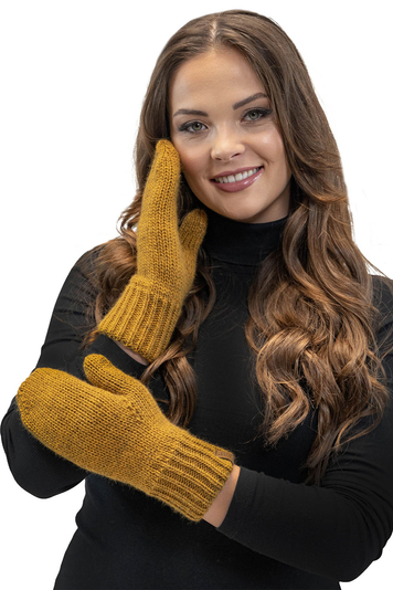 Vivisence Damen Winter Fausthandschuhe Aus Wärmendem Garn Mit Breitem Strickbündchen, Handschuhe Gemütlich Stilvolle Musterloses Design Für Kalte Wintertage Herbst Modell 7015, Dunkelgelb