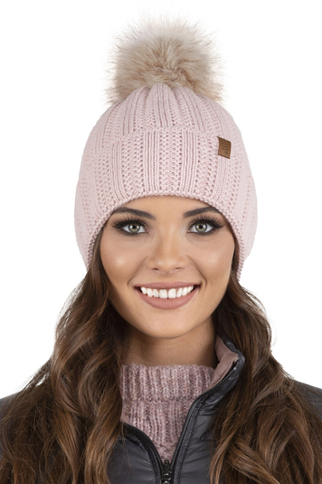 Vivisence Damen Winter Mütze mit Kunstpelzbommel Strickmützen aus Warmem Garn mit Modischem Gewebe Aufgerollt mit Weichem Fleecefutter Ideal für Kalte Wintertage Modell 7019, Puderrosa