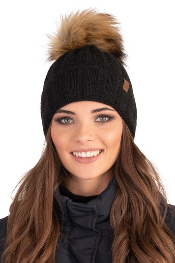 Vivisence Damen Winter Mütze mit Kunstpelzbommel Strickmützen aus Warmem Garn mit Modischem Gewebe Aufgerollt mit Weichem Fleecefutter Ideal für Kalte Wintertage Modell 7019, Schwarz