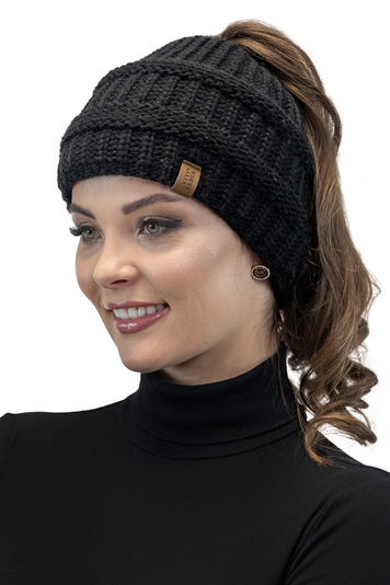 Vivisence Damen Winter Mütze mit Pferdeschwanzöffnung Flexiblem Gummiband Herbst Warme Beanie Perfekt für Kalte Wintertage Modell 7075, Schwarz