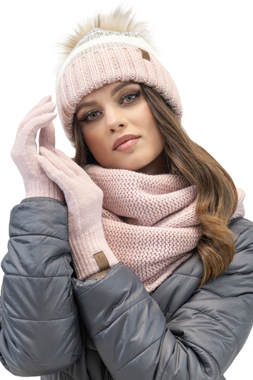 Vivisence Damen Winter-Set Warme Mütze Mit Nachhaltigem Bommel, Loop-Schal Zum Doppelt Wickeln Und 5-Finger-Handschuhe Mit Strickbündchen Für Frauen Perfekt Für Kalte Tage Und Outdoor-Aktivitäten, Pink