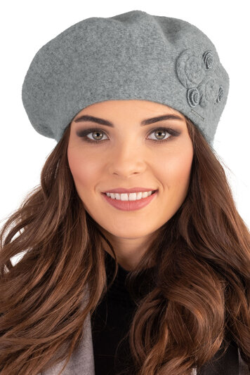 Vivisence Elegante Damen Winter Baskenmütze Mit Klassischem Schnitt Warmer Wollmischung Floraler Applikation Und Perfekter Passform Ideal Für Kalte Tage Für Frauen, Hellgrau