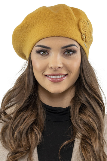 Vivisence Elegante Damen Winter Baskenmütze Mit Klassischem Schnitt Warmer Wollmischung Floraler Applikation Und Perfekter Passform Ideal Für Kalte Tage Für Frauen, Honig