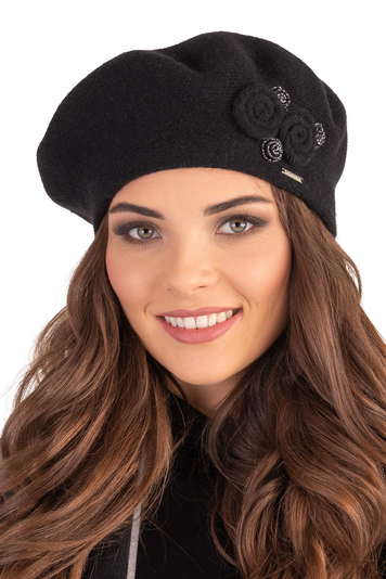 Vivisence Elegante Damen Winter Baskenmütze Mit Klassischem Schnitt Warmer Wollmischung Floraler Applikation Und Perfekter Passform Ideal Für Kalte Tage Für Frauen, Schwarz