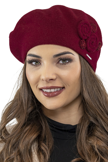 Vivisence Elegante Damen Winter Baskenmütze Mit Klassischem Schnitt Warmer Wollmischung Floraler Applikation Und Perfekter Passform Ideal Für Kalte Tage Für Frauen, Weinrot