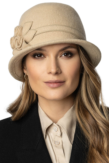 Vivisence Eleganter Damen Winter Hut Aus Schurwolle Mit Handgestickter Rosenapplikation Perfekter Passform Und Antistatischer Wirkung Ideal Für Kalte Wintertage, Beige