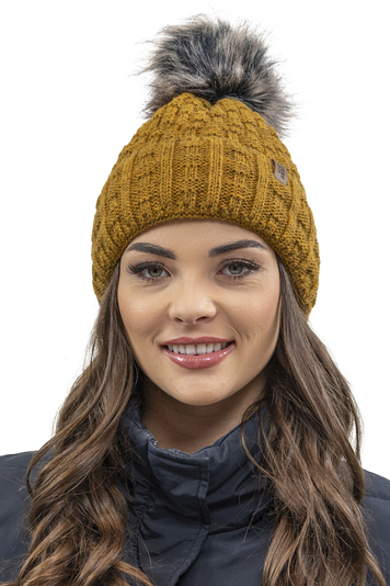 Vivisence Moderne Bommelmütze Für Damen Aus Warmem Garn Mit Aufgerolltem Design Innenfutter Aus Vlies Für Extra Wärme Ideal Für Kalte Wintertage Und Outdoor-Aktivitäten, Dunkelgelb