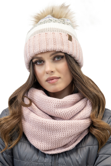 Vivisence Modisches Winterset für Damen Warme Mütze Mit Antistatischem Fleece Und Umweltfreundlichem Bommel Passender Loop-Schal Aus Weichem Garn Perfekt Für Kalte Tage Und Outdoor-Aktivitäten, Pink