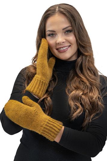 Vivisence Stilvolle Damen Winter Fausthandschuhe Aus Wärmendem Garn Mit Breitem Strickbündchen Musterloses Design Für Kalte Wintertage Und Für Outdoor-Aktivitäten, Dunkelgelb