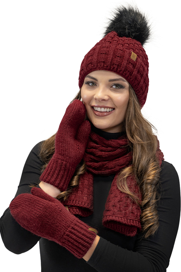 Vivisence Stilvolle Damen Winter Fausthandschuhe Aus Wärmendem Garn Mit Breitem Strickbündchen Musterloses Design Für Kalte Wintertage Und Für Outdoor-Aktivitäten, Weinrot