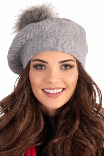 Vivisence Winter Baskenmütze mit Bommel für Damen Klassischem Herbst Frauen Mütze Schnitt Warmem Garn mit Wollezusatz Eleganter Wintermütze Ideal für Kalte Wintertage Modell 7035, Grau