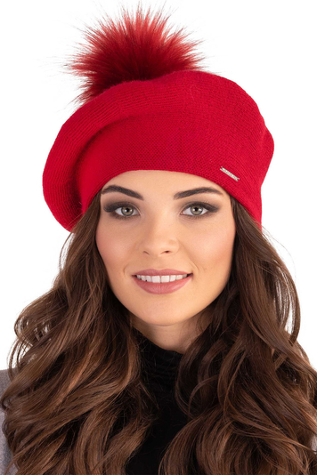 Vivisence Winter Baskenmütze mit Bommel für Damen Klassischem Herbst Frauen Mütze Schnitt Warmem Garn mit Wollezusatz Eleganter Wintermütze Ideal für Kalte Wintertage Modell 7035, Rot