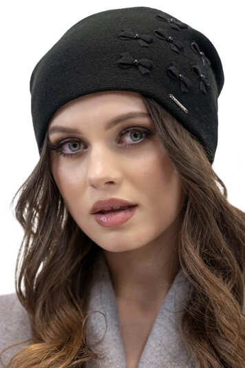 Vivisence Winter Mütze für Damen Beanie Perfekter Passform Durch Falten Hergestellt Aus Warmem Garn Innenfutter Verziert Mit Schleifen Und Perlen Ideal Für Kalte Wintertage Modell 7089, Schwarz