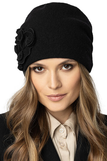 Vivisence Wintermütze für Damen Elegante Warme Beanie Mütze Frauen Schurwolle mit Handgestickter Blumenapplikation Antistatischem Effekt Ideal Für Kalte Wintertage, Model 7076, Schwarz